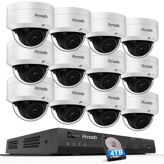 PANOOB 16 Channel Security Camera System, 12x 8MP IK10 Vandal Proof Dome Camera Outdoor with Human Vehicle Detection, Built-in Mic, Remote Access 24-7