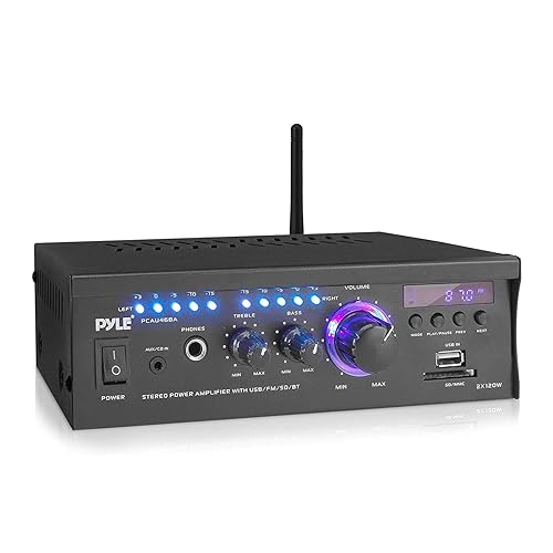 Pyle Home Power Amplifier with Bluetooth Wireless - 2 x 120 Watt Stereo Receiver w/ Blue LED Level Meter, FM Radio, USB-A Input w/ MP3 Player, SD Card
