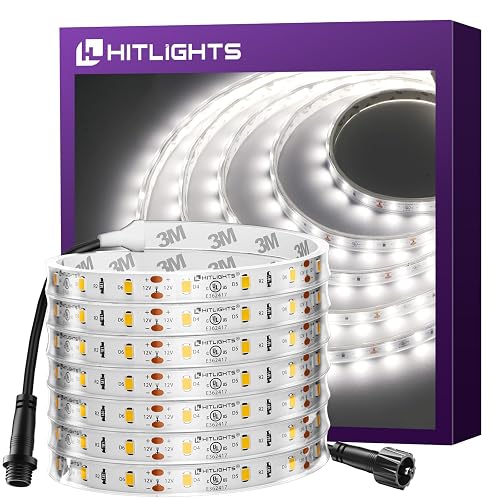 HitLights Outdoor LED Strip Lights Waterproof White, 16.4ft Dimmable Tape Light 5000K, IP67, 300 LEDs, 150Lm/ft, 12V Flexible Rope Lights for Home