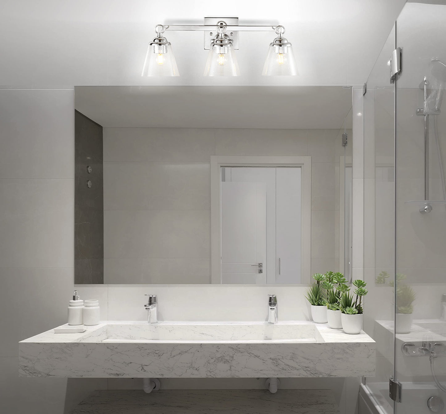 JONATHAN Y 21" Chrome Marion 3-Light Vanity Light Wall Sconce for Bathroom Decor, Clear Seeded Glass Shade, Reversible Hardwired Lamp for Mirror