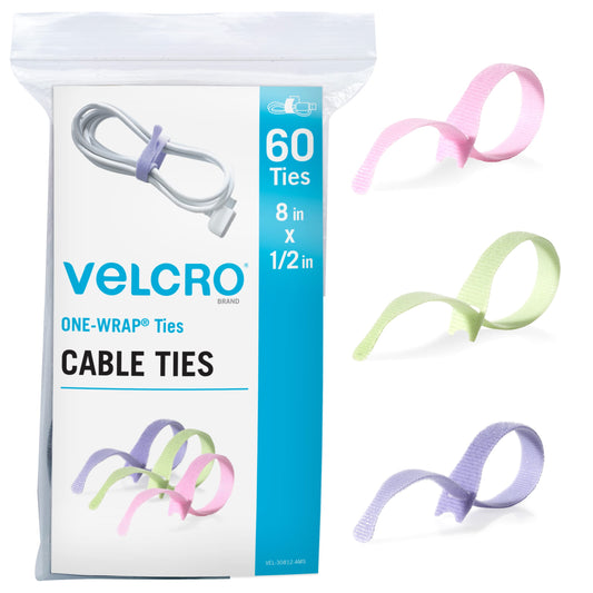 VELCRO Brand Pastel Cable Ties Heavy Duty Reusable|60Pc Bright Colors Bulk Pack|8 x 1/2" ONE-WRAP Straps| Wire Management| Perfect for Crafts or