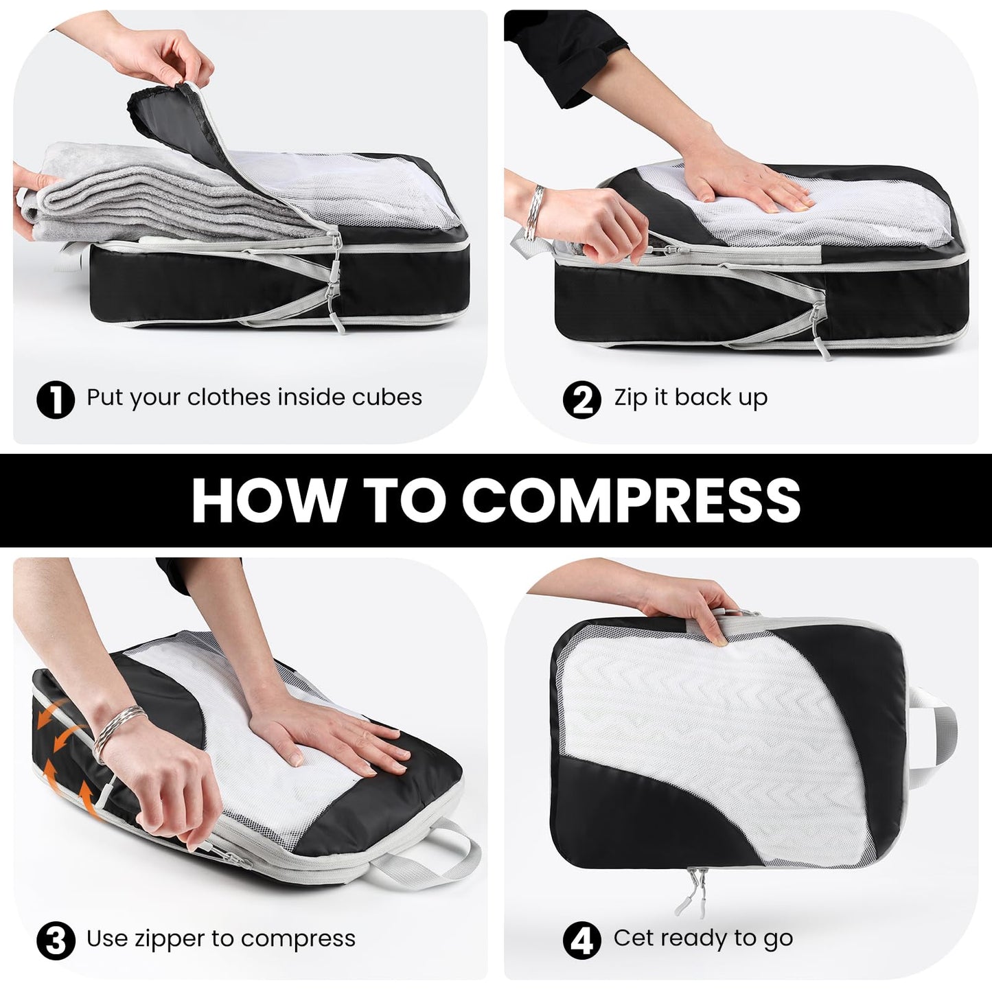 10 Set Compression Packing Cubes – Lightweight, Stretchable Travel Storage Bags for Luggage & Accessories, 10 Pcs, Black