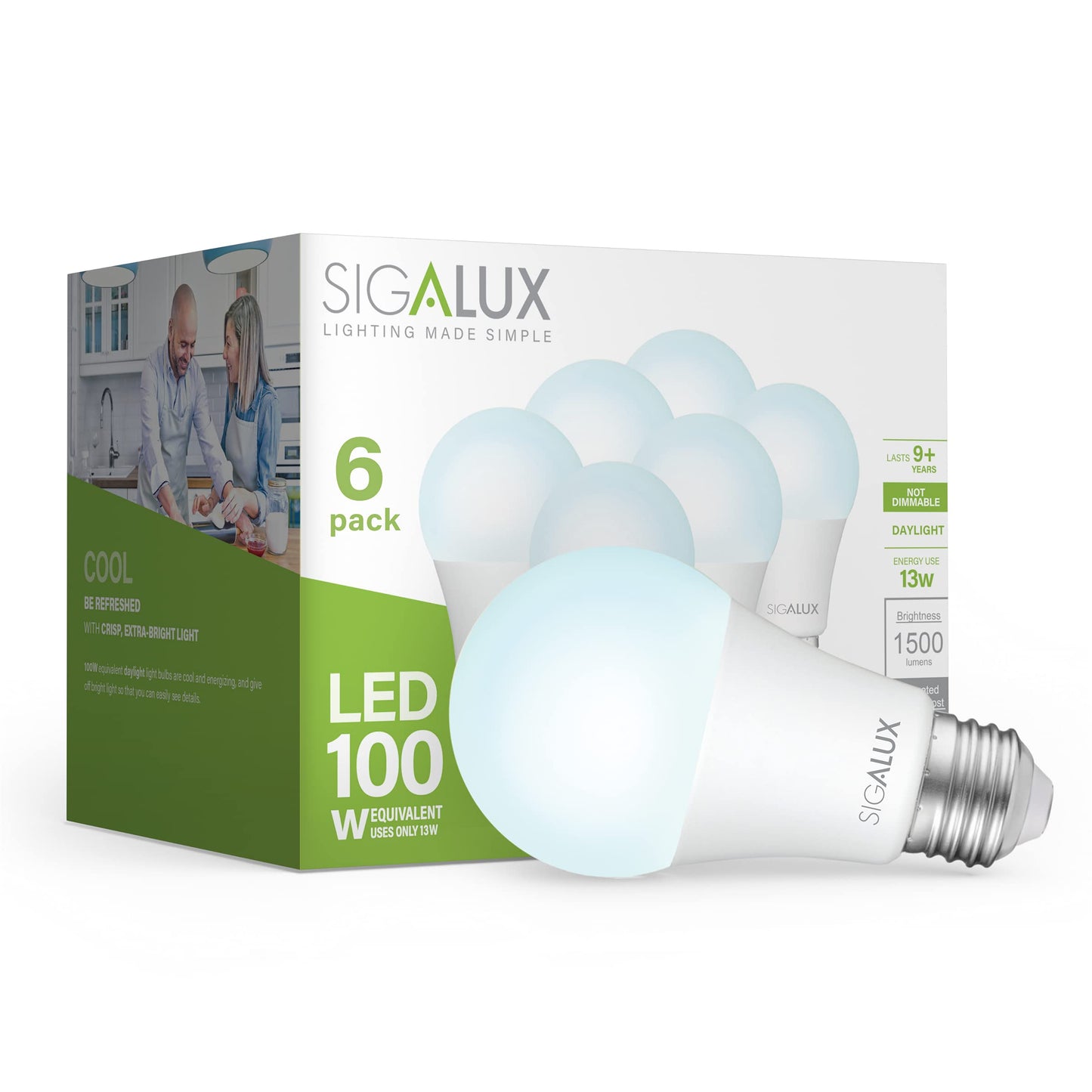 Sigalux Light Bulbs 100 Watt Equivalent LED Bulbs, A19 Daylight Standard Light Bulbs 5000K White,Non-Dimmable 13W Energy Efficient Light Bulbs