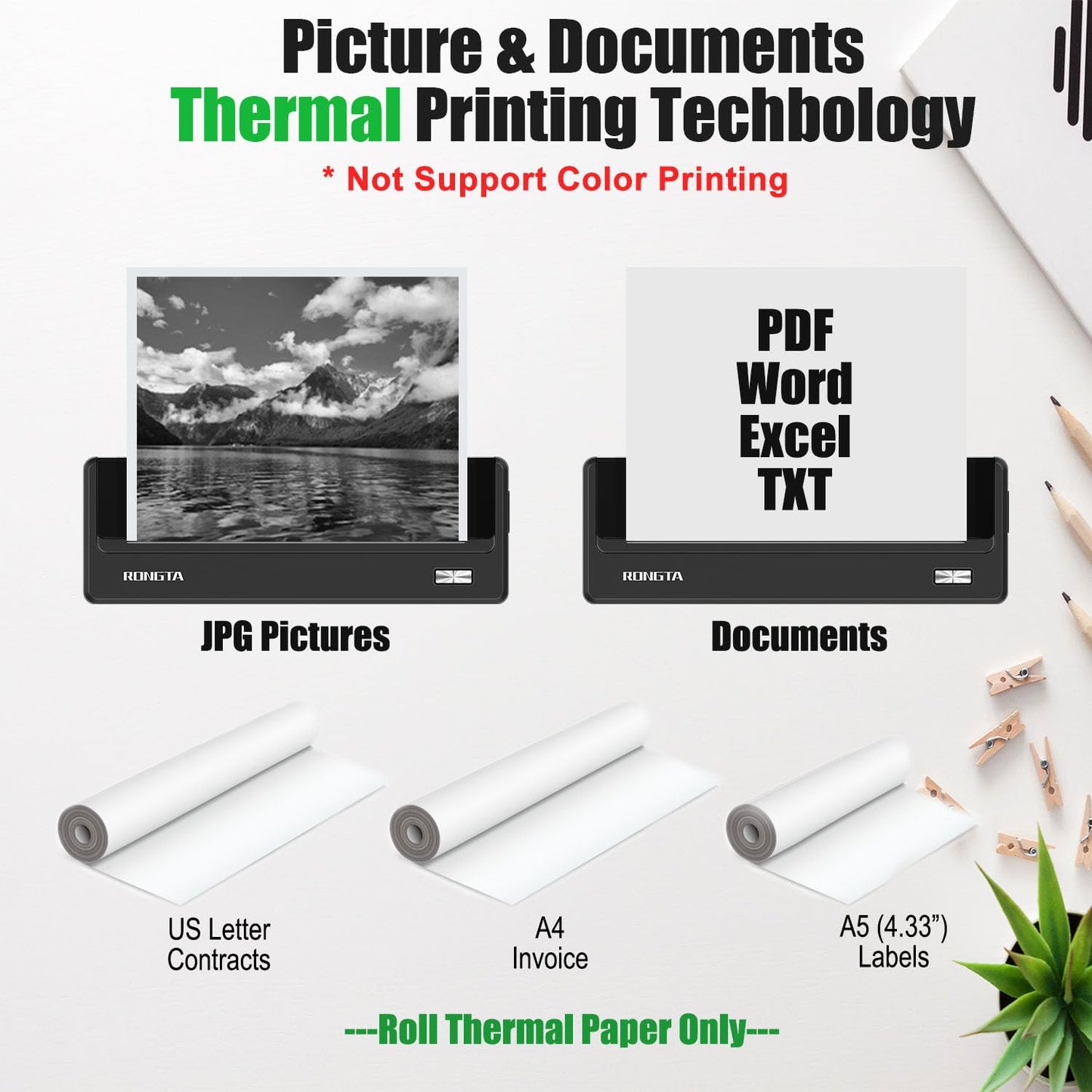 Portable Printer Wireless, Bluetooth WiFi Printers for Home Use, Small Inkless Thermal Printer for Travel, Supports 8.5" x 11" US Letter&A4 Size