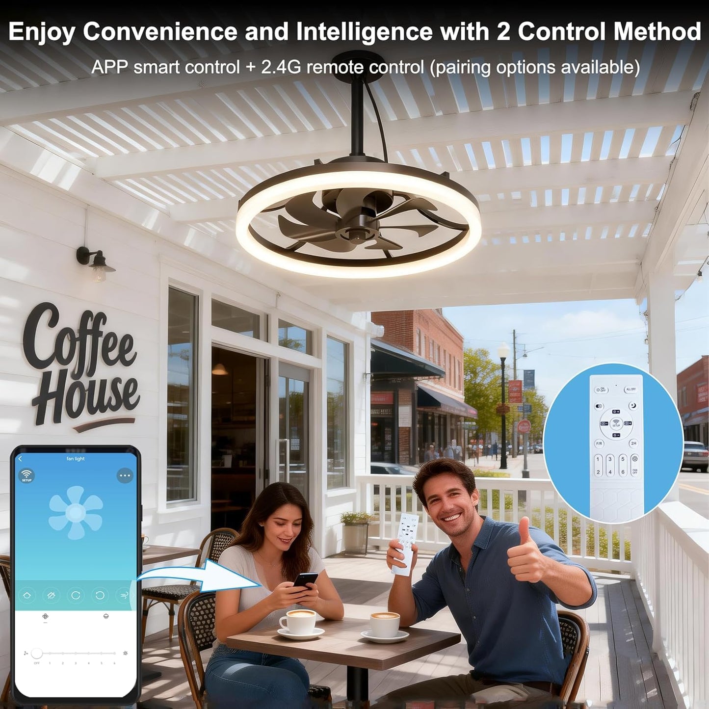 Seyxicnor 20'' Outdoor Ceiling Fan with Light, IP65 Waterproof Gazebo Fan, Plug-in Hanging Fan Remote & App Control, 4500LM 3CCT Dimmable LED, 6-Speed