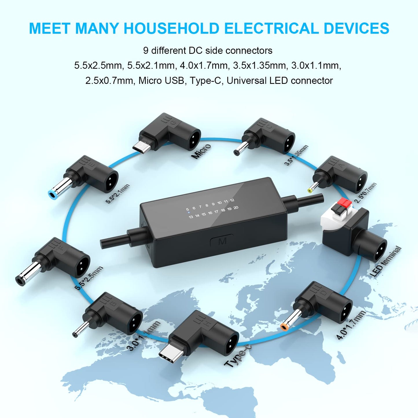 IBERLS 24W Universal AC DC Adapter, Adjustable 5V-20V, Current 100mA-2000mA, DC Connector with 9 Tips, Including Positive and Negative, Power Suppy…