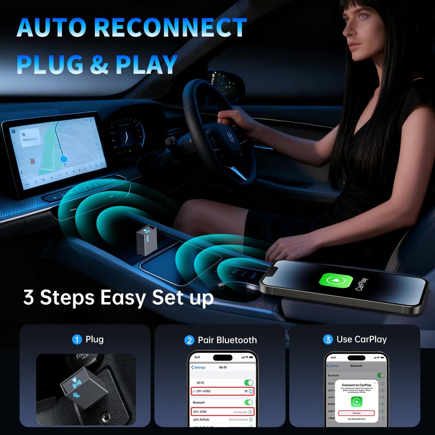 CNDPSTE Wireless CarPlay Adapter for iPhone 2026 Upgrade - Plug & Play Convert Wired to Wireless Compatible with Cars 2016+, iOS 10+ (USB A/USB-C)