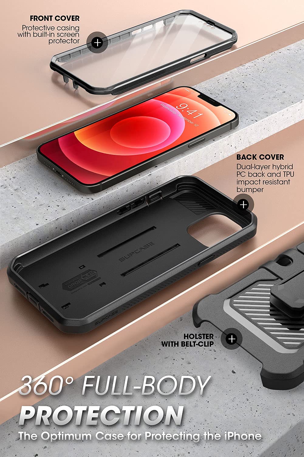 SUPCASE for iPhone 13 Pro Max Case with Screen Protector (Unicorn Beetle Pro), [Built-in Stand & Belt Clip] Heavy Duty Full-Body Rugged Kickstand