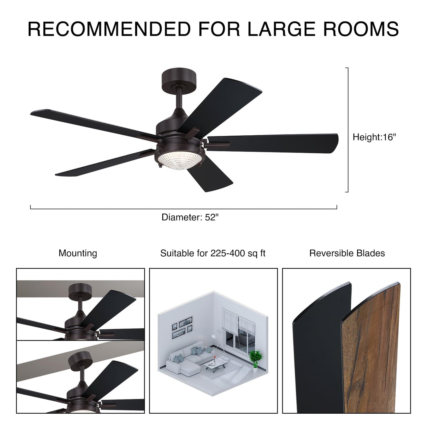 Caisens 52 Inch Farmhouse Ceiling Fan with Light and Remote Control, Forged Metal Light Kit with Crystal Prismatic Glass, 3CCT Dimmable, 6 Speed