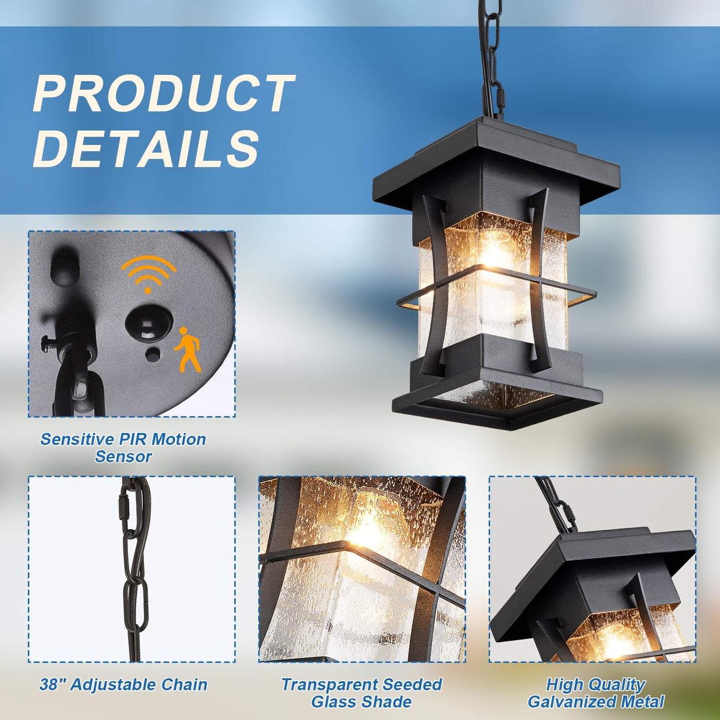 EERU Motion Outdoor Pendant Light Fixture with Dusk to Dawn Sensor Exterior Hanging Lantern with Adjustable Chain Black with Seeded Glass Outside