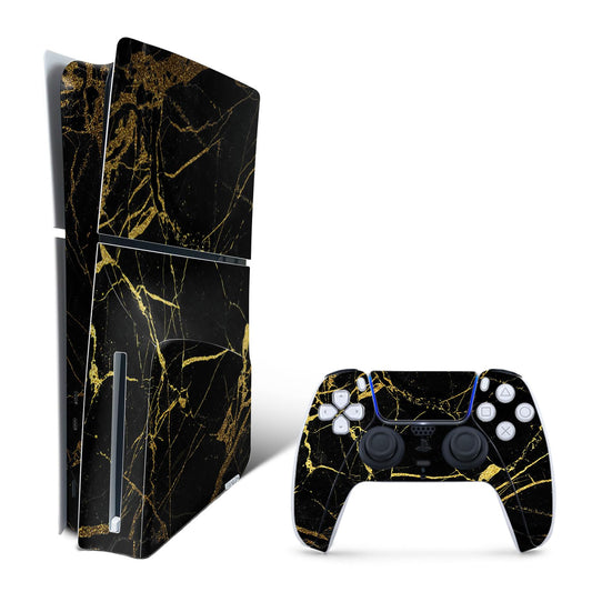 MightySkins Skin Compatible with Playstation 5 Slim Disk Edition Bundle - Black Gold Marble | Protective, Durable, and Unique Vinyl Decal wrap Cover |