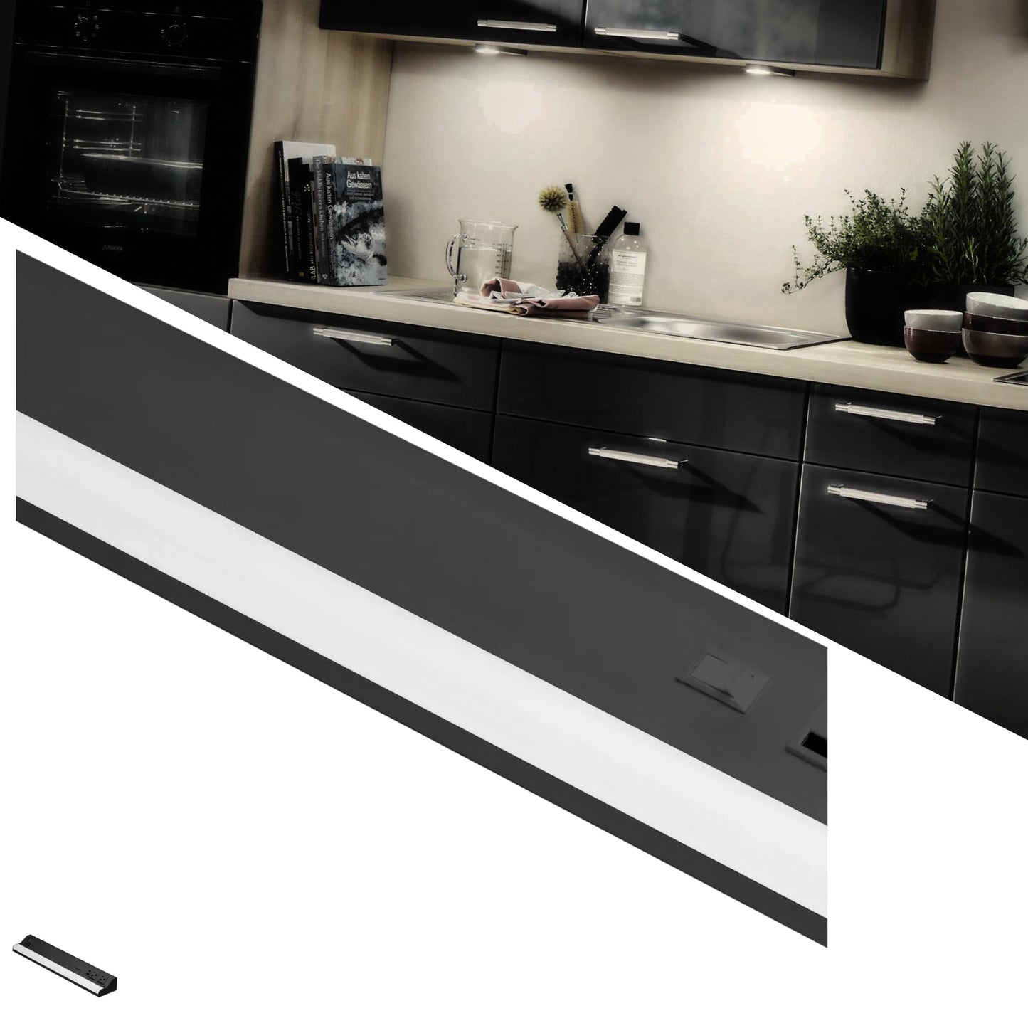 American Lighting LED Courant Plus Undercabinet Light 24 Inch 5CCT 90+ CRI 1200 Lumens with USB-A USB-C and 20A Receptacles Black Finish Title 24
