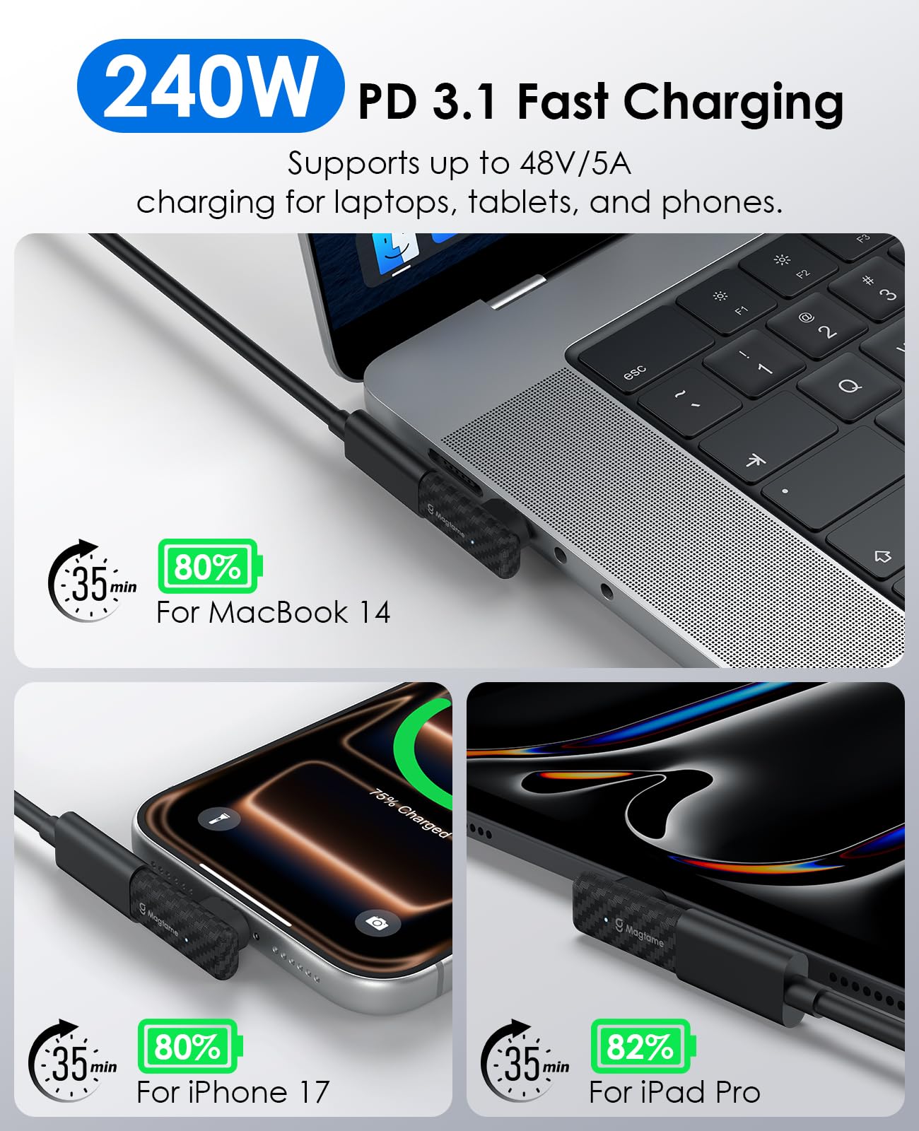 Magtame 2Pack 240W Magnetic USB C Right Angle Adapter, 24-Pin 90°USB-C Extender with Carbon Fiber Plastic Shell, Dust-Proof 40Gbps Fast Charging & 4K…