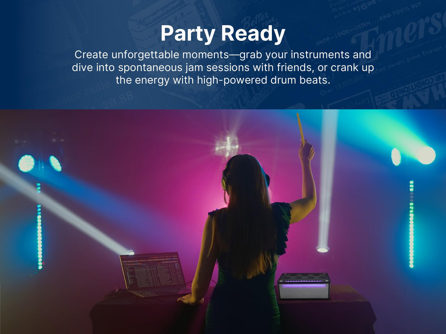 Emerson EDS-1000 Bluetooth Party Speaker with Digital Drum Pads, LED Lights, Dual Speakers, USB/AUX/Mic Inputs, & Rechargeable Battery