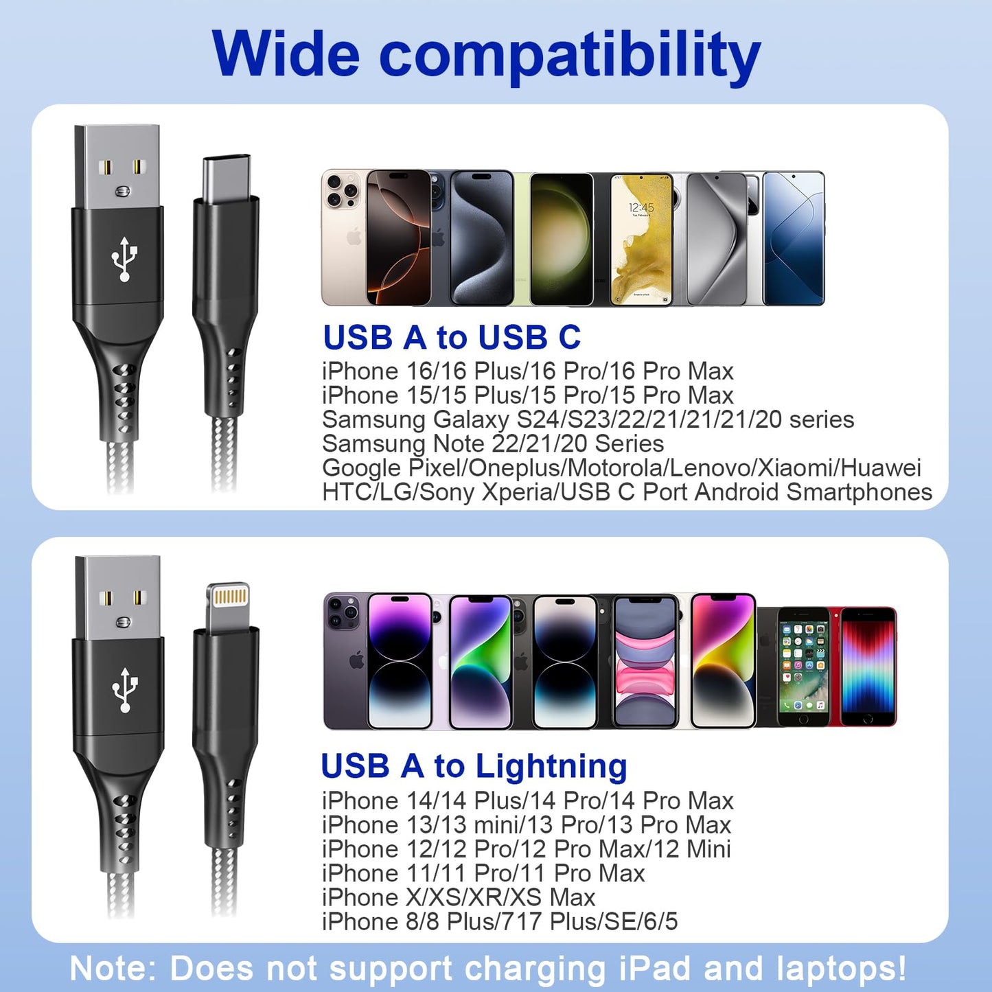 USB to USB-C and Lightning Cable Combo 6FT, 2 in 1 Nylon Braided iPhone Charger Cable Apple Carplay & Android Auto, [MFi & 3A Fast Charge] Multi…
