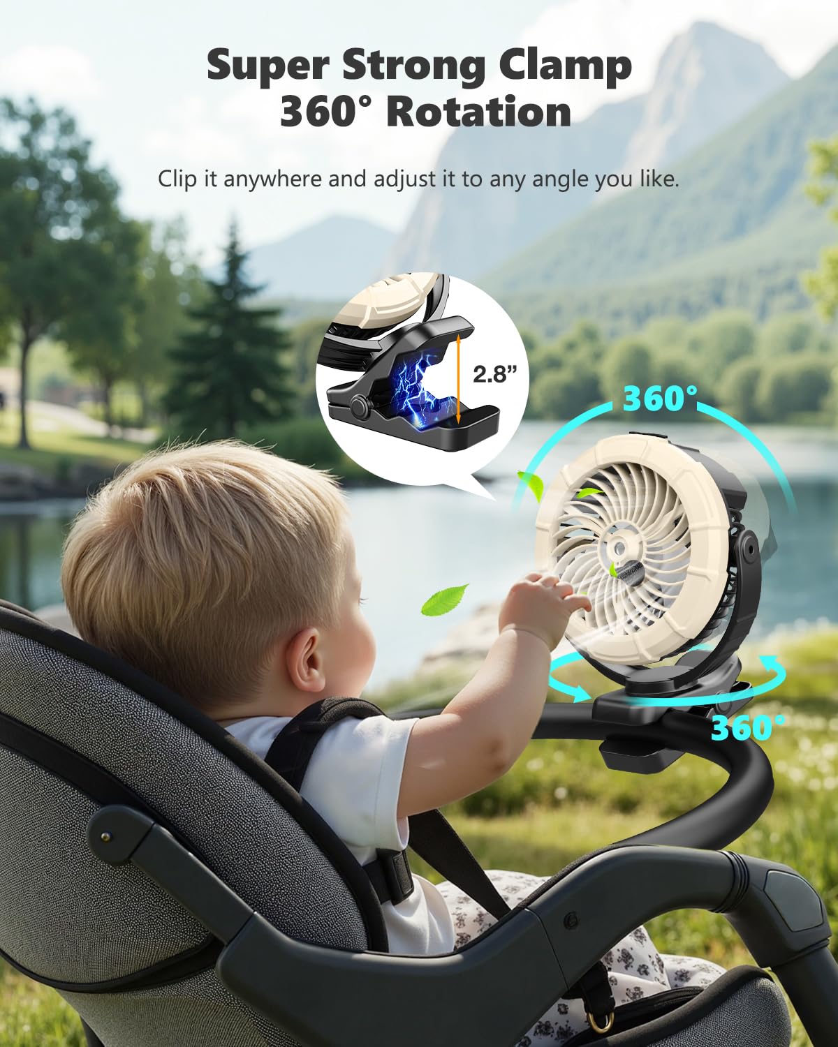 Ausic Portable Clip on Misting Fan, [5-45Hrs] Golf Cart Spray Fan, 720° Rotate Baby Stroller Fan, Outdoor Camping Fan with LED, Rechargeable Battery