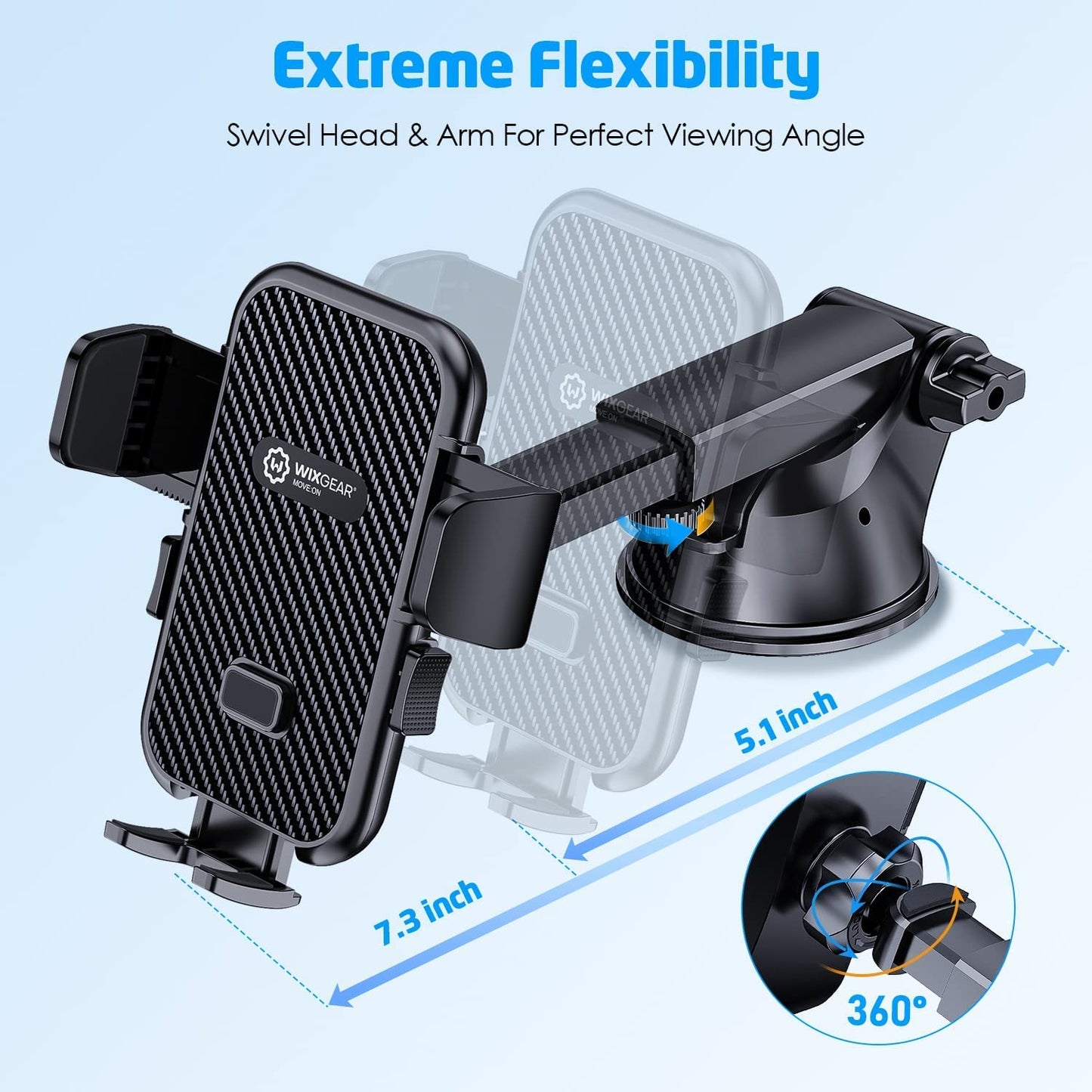 WixGear Universal Phone Holder for Car, Windshield Mount and Dashboard Mount Holder for Cell Phones and Tablets with Long Adjustable Arm (Automatic