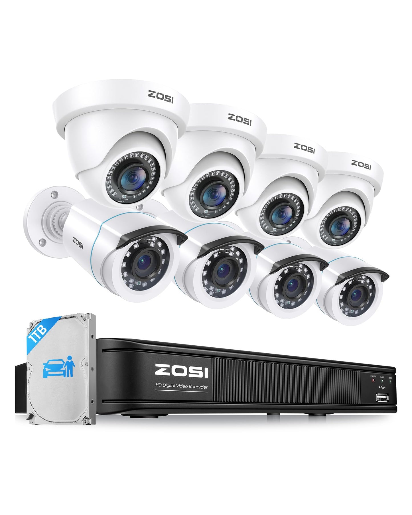 ZOSI 3K Lite Home Security Camera System with AI Human Vehicle Detection, H.265+ 8CH CCTV DVR and 8 x 1080p Wired Outdoor Indoor Bullet Dome Cameras