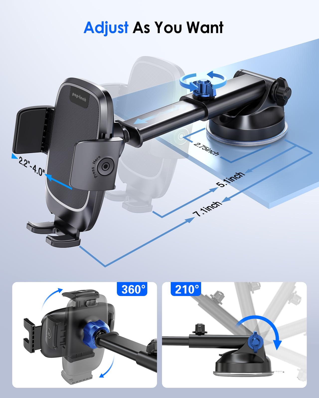 pop-tech Phone Mount for Car, [Military-Grade Suction] Universal Cell Phone Holder for Your Car Dashboard Windshield Window, Automobile Cradle Fit