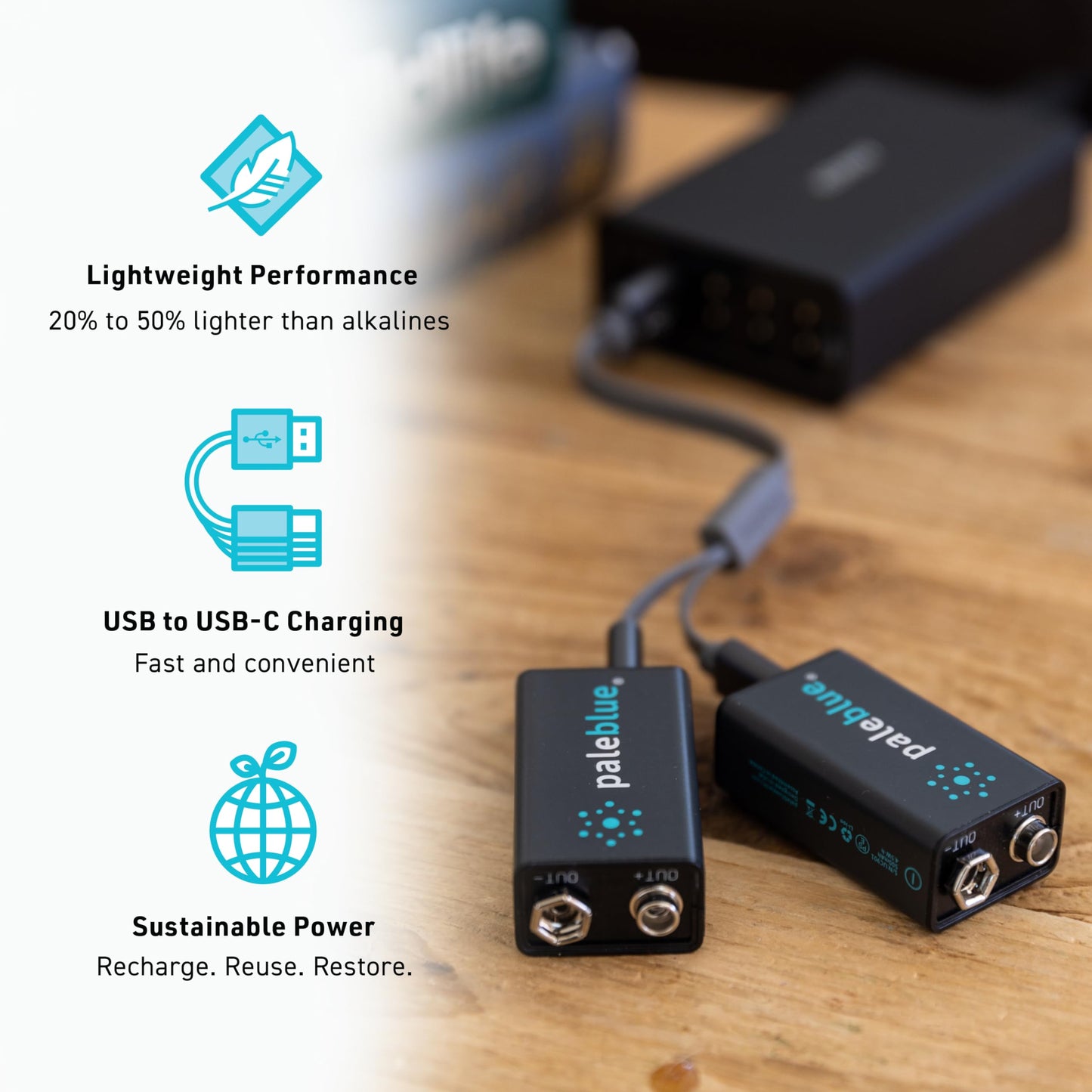 paleblue USB Rechargeable 9V Batteries (6-Pack) - 4500mWh Lithium Ion, 1000+ Charge Cycles, Includes (3) 2-in-1 USB-A to USB-C Charging Cables, LED…