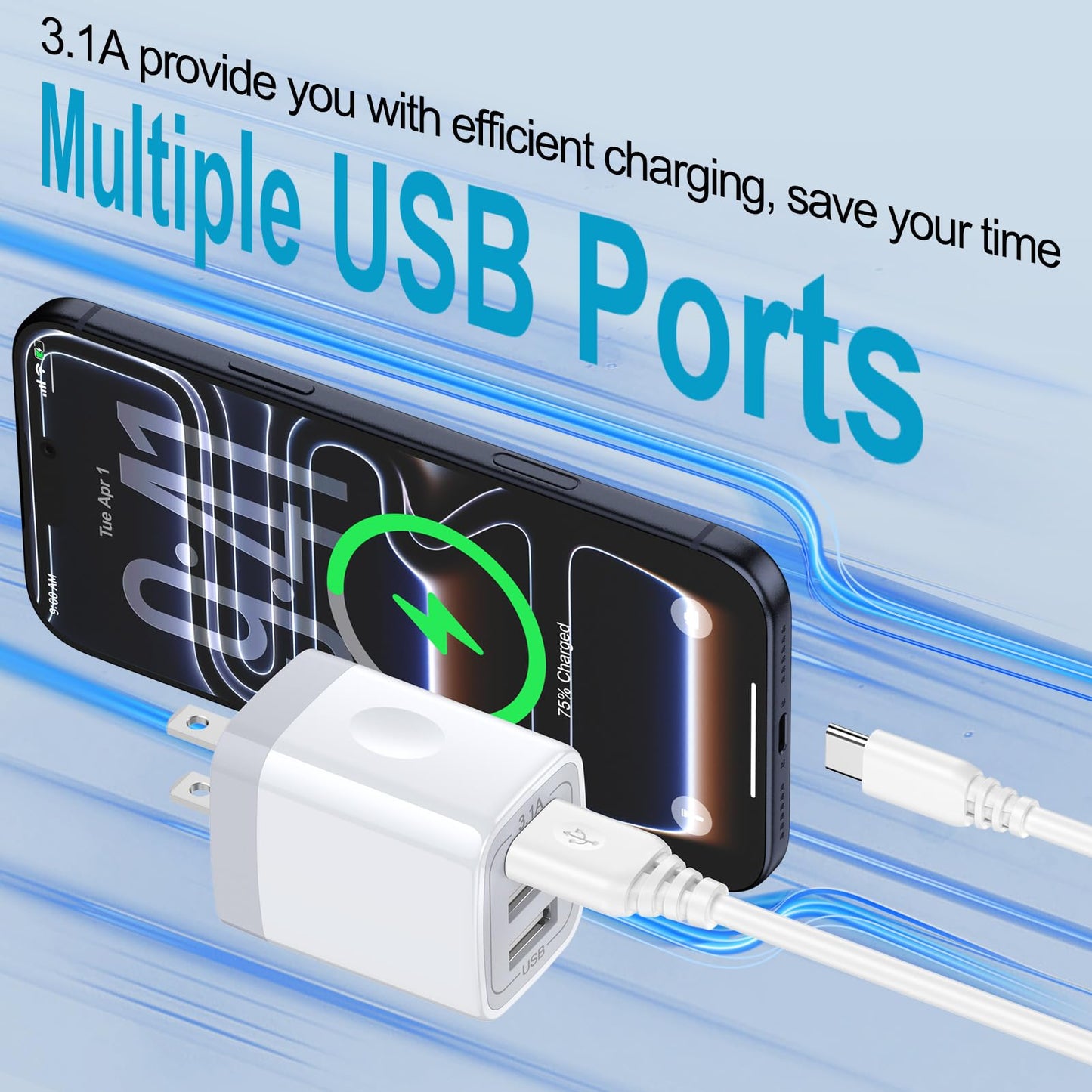 Fast Charging Block,USB Plug Wall Charging Adapters 3.1A Multiple Wall Charger Box Cube Brick for Samsung Galaxy S26 S25 S24 S23 Ultra A17 A16 A15 A14