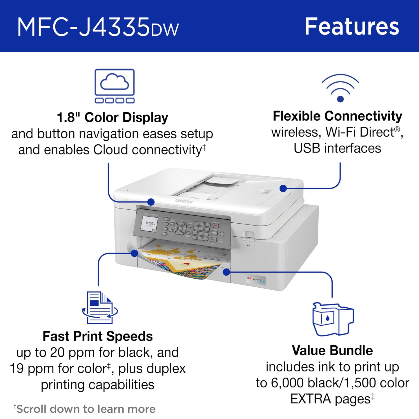 Brother MFC-J4335DW INKvestment Tank All-in-One Color Inkjet Printer Additional Ink Bundle with Duplex and Wireless Printing with Up to 2-Years of Ink