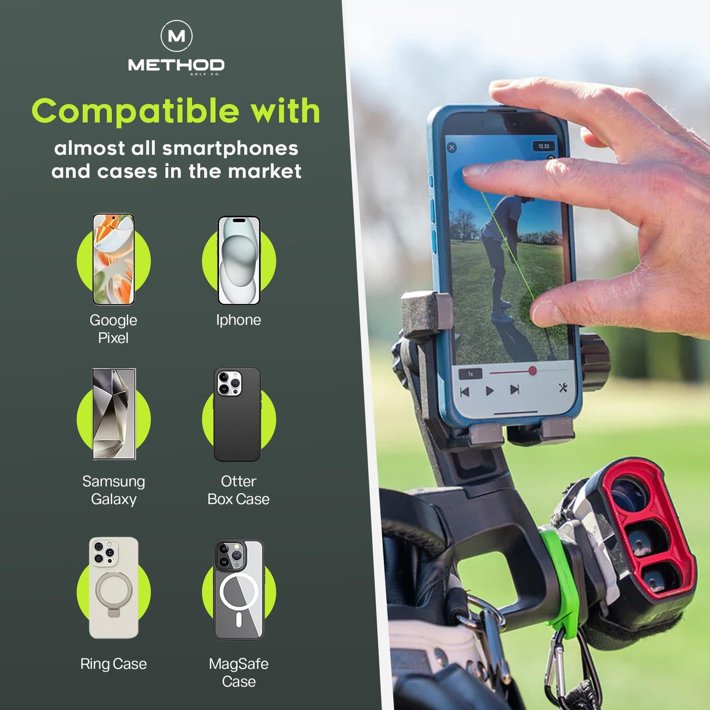 Method Golf CarryStack Golf Bag Phone Holder - Heavy Duty Magnetic Phone Mount for Most Smartphones with Magnetic Range Finder Strap- Full Rotation