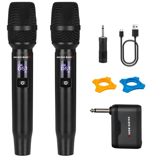 GOLDEN MARS Wireless Microphone, Upgraded 2.4GHz Rechargeable Professional 2 Pack Handheld Microphones with Stable Reception Up to 300 FT for Singing