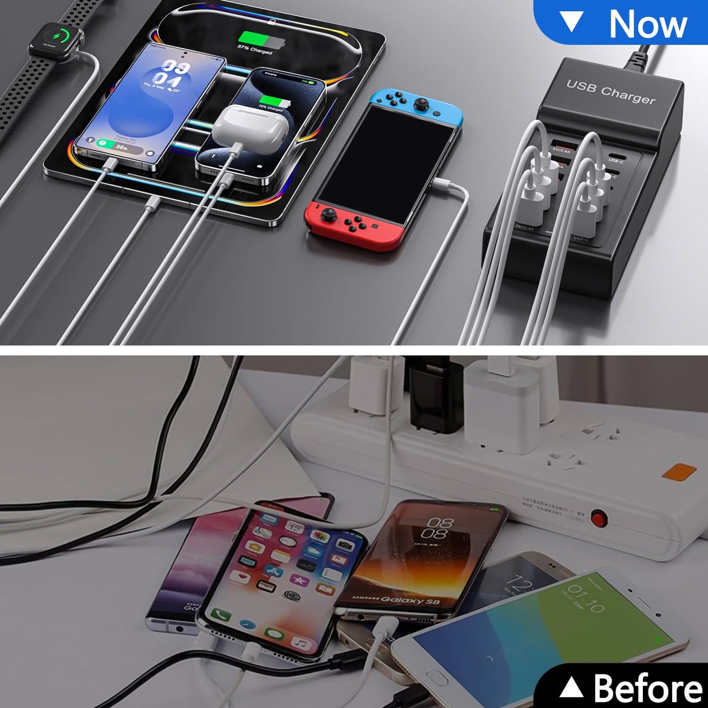 Multi USB Charger, USB C Charging Block Station, 50W 12 Port Multiple USB C Power Strip USB Hub Compatible with iPhone 16 Pro Max/15/14/13/12/11