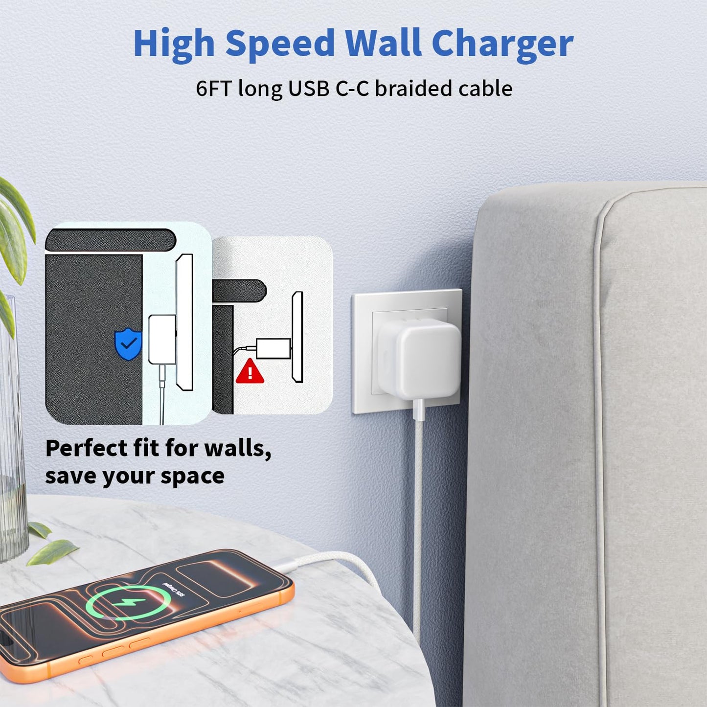 iPhone 17 Charger Fast Charging, USBC Charger 2 Pack 40W Foldable Dynamic USB C Apple Power Adapter with 60W Max, 6FT USB C Cable Woven Cord