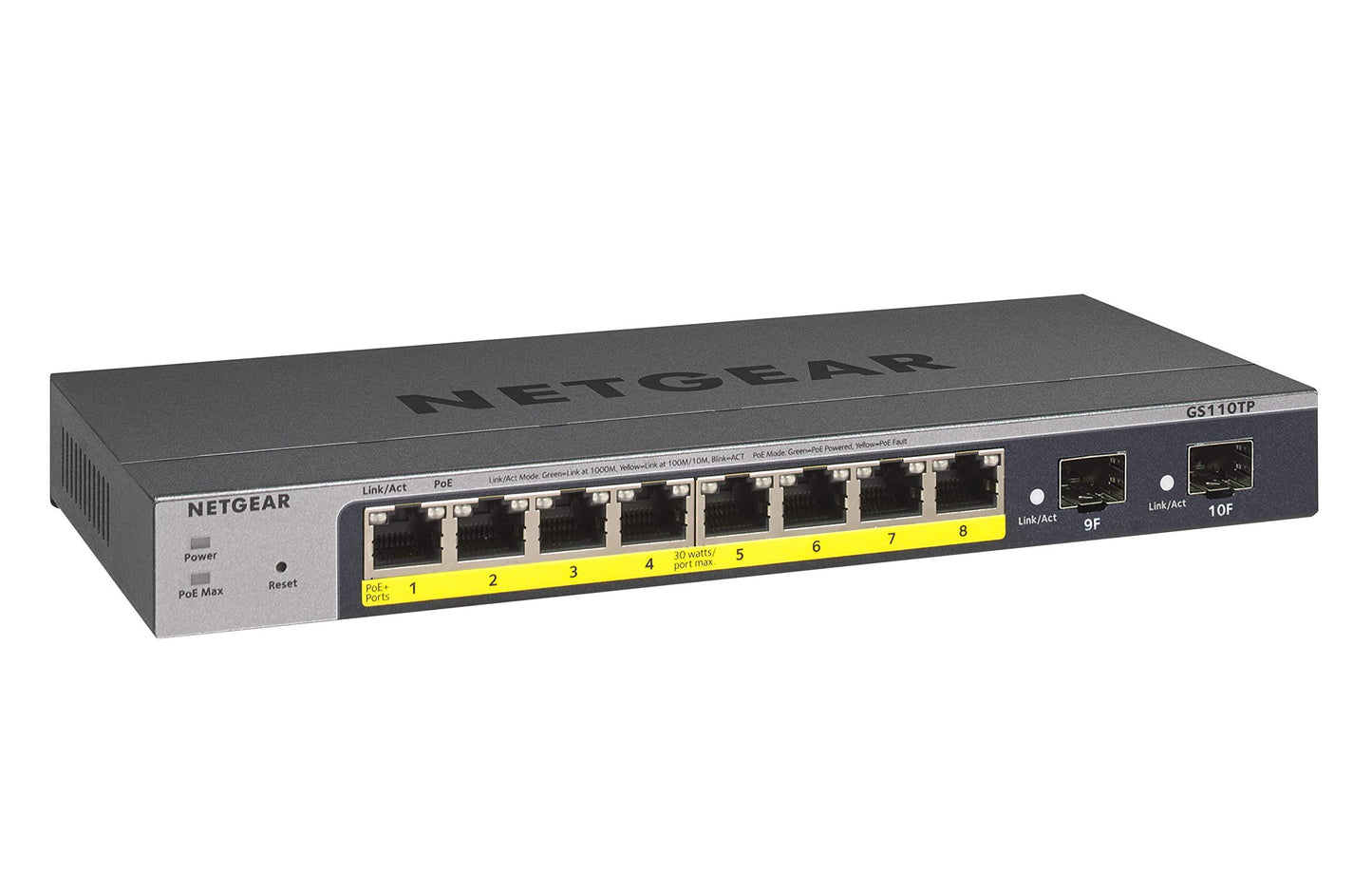 NETGEAR 10-Port PoE Gigabit Ethernet Smart Switch (GS110TP) - Managed, with 8 x PoE+ @ 55W, 2 x 1G SFP, Optional Insight Cloud Management, Desktop or