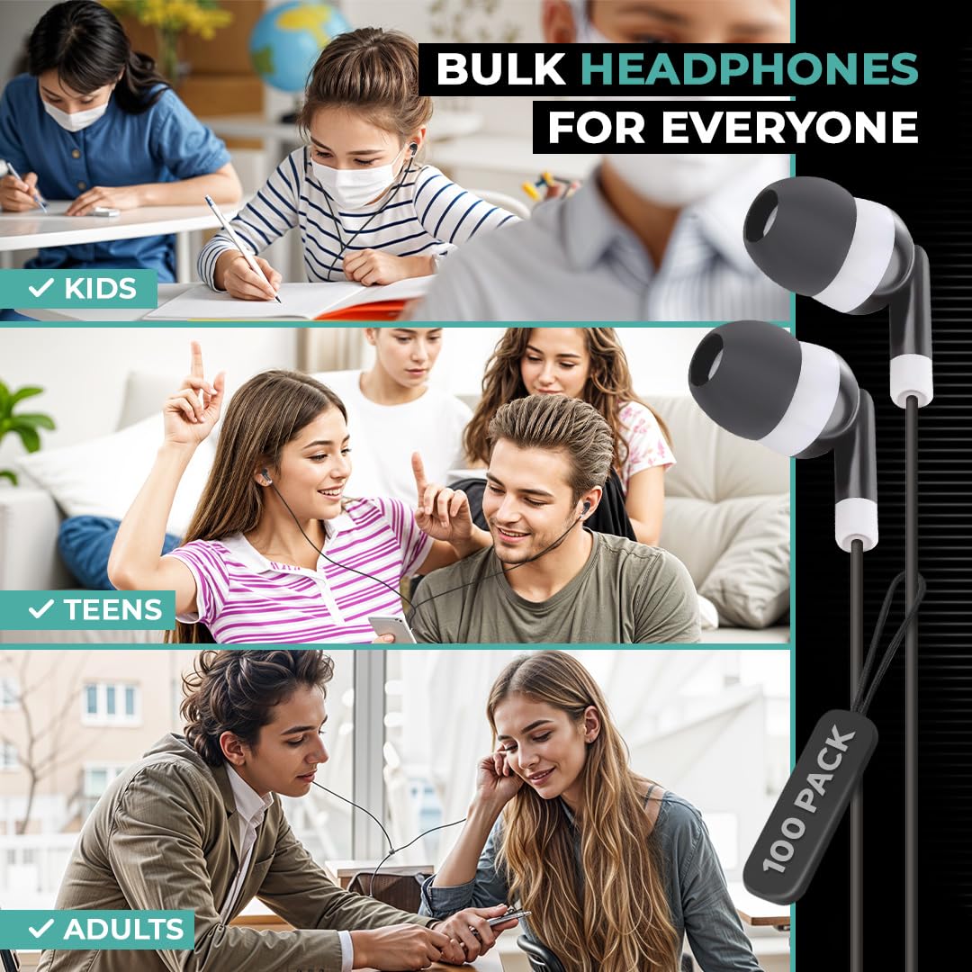 JustJamz Bulk Earbuds 100 Pack | Wired in-Ear Earphones for Classroom, Students, Kids, and Libraries | Disposable Headphones with 3.5mm Jack, Perfect…