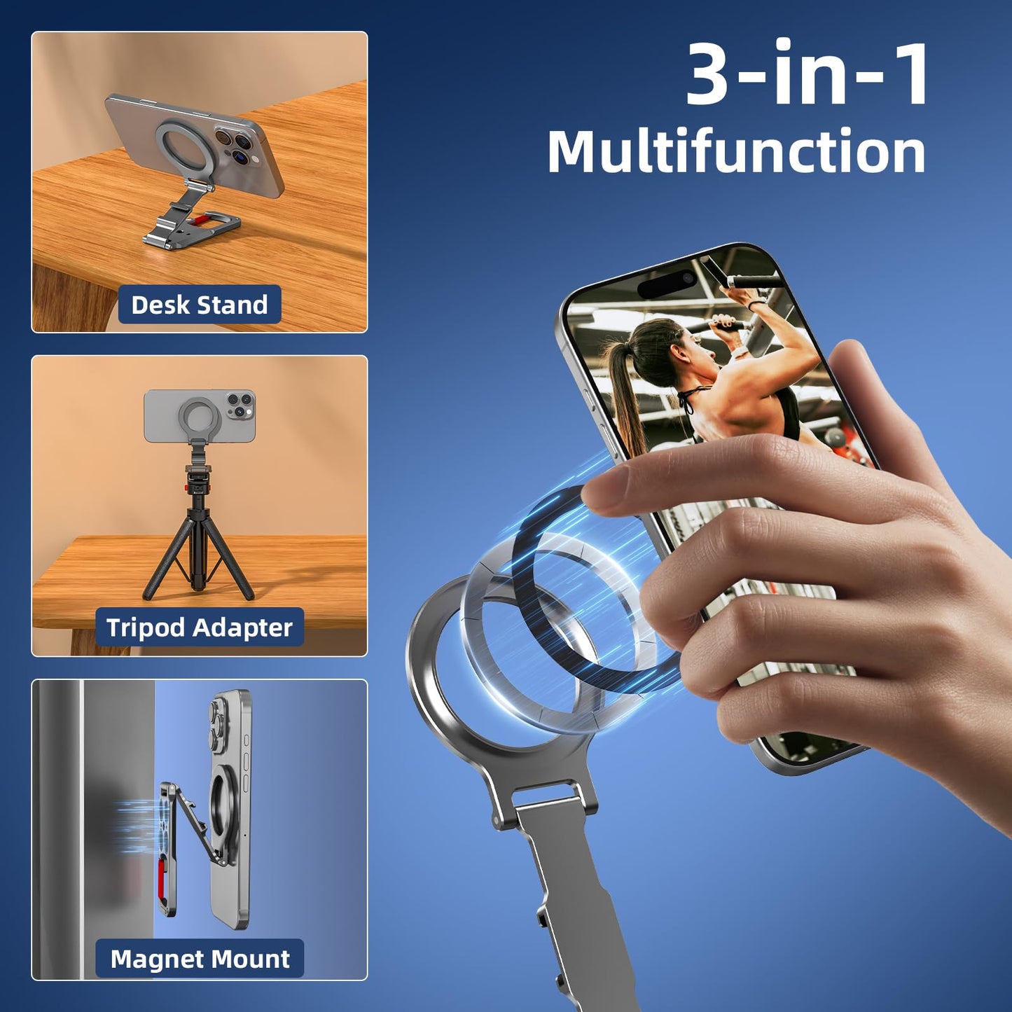 Magnetic Phone Mount for MagSafe, Maglock Tripod Adapter Magnet Golf Gym Workout Stand Metal Carabiner Dual Holder with 1/4 Screw Hole, for iPhone 16