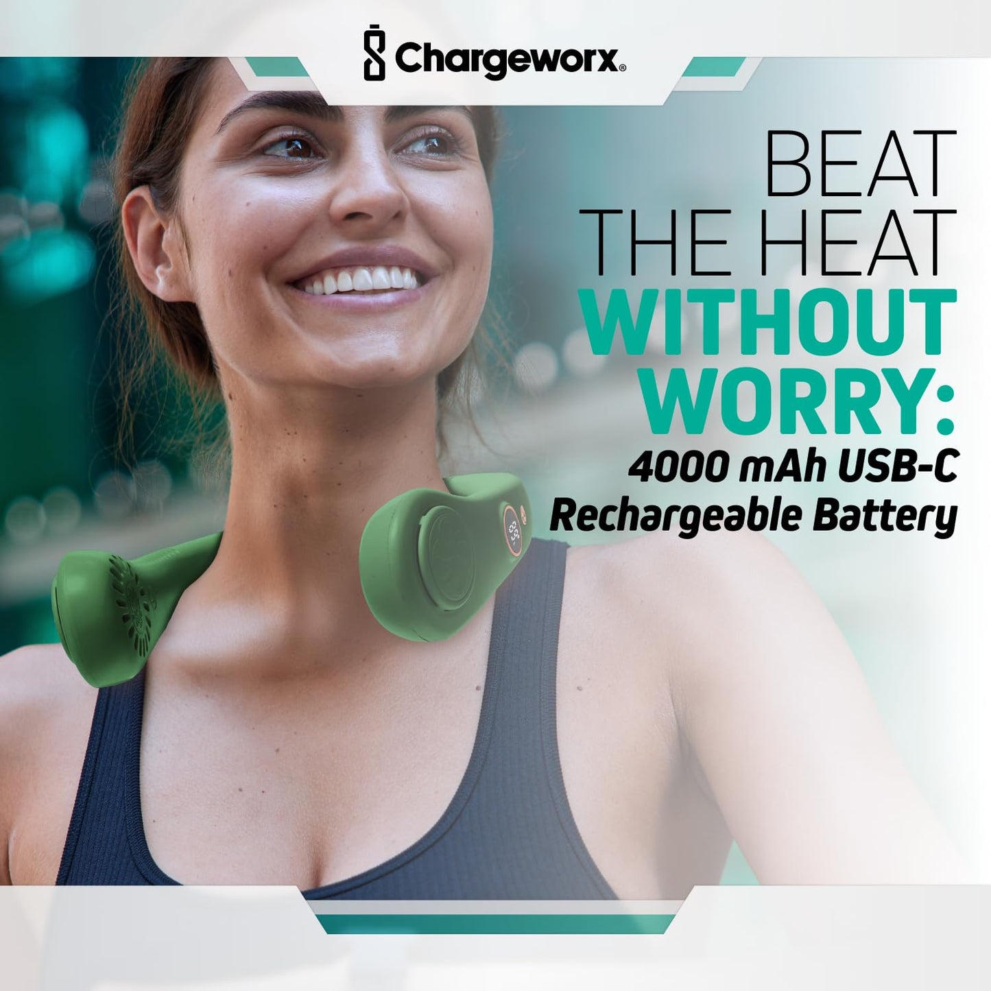CHARGEWORX Wearable Neck Fan, Quiet Bladeless Portable Fan with 4,000 mAh Battery, LCD Display and 5 Speeds, USB-Rechargeable Hands-Free Cooling Fan
