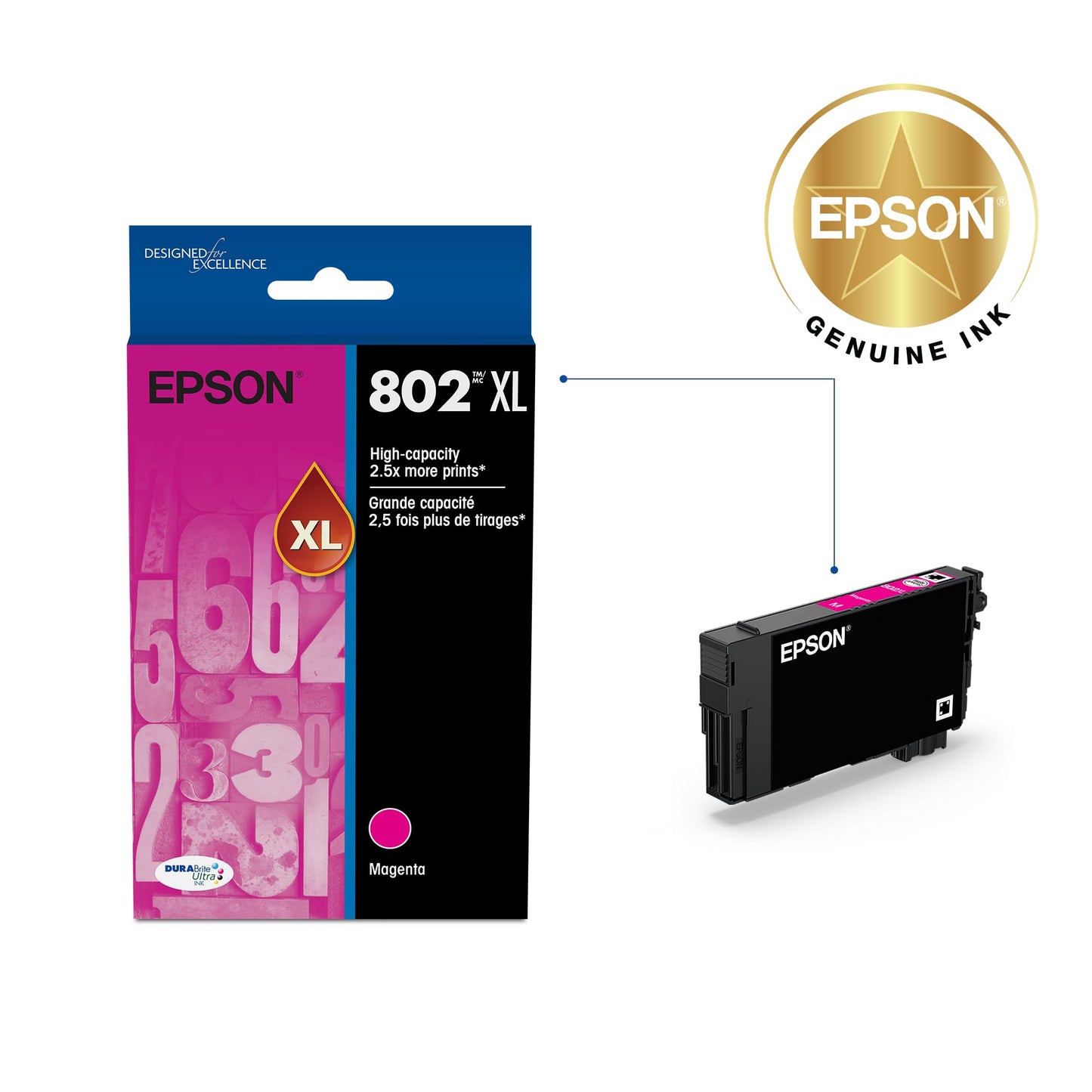EPSON 802 DURABrite Ultra Ink High Capacity Magenta Cartridge (T802XL320-S) Works with WorkForce Pro WF-4720, 4730, 4734, 4740