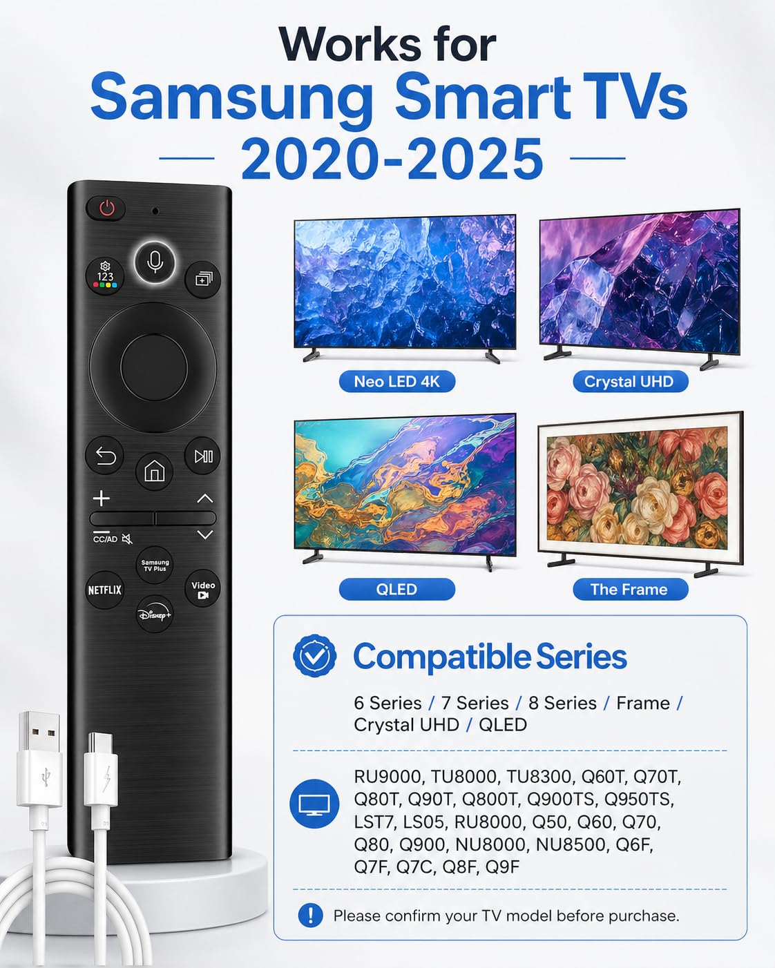 HSHONG BN59-01385A Solar Voice Remote Control Replacement for Samsung Smart TVs 2020-2025, Compatible with Frame Crystal UHD QLED Neo LED 4K TVs