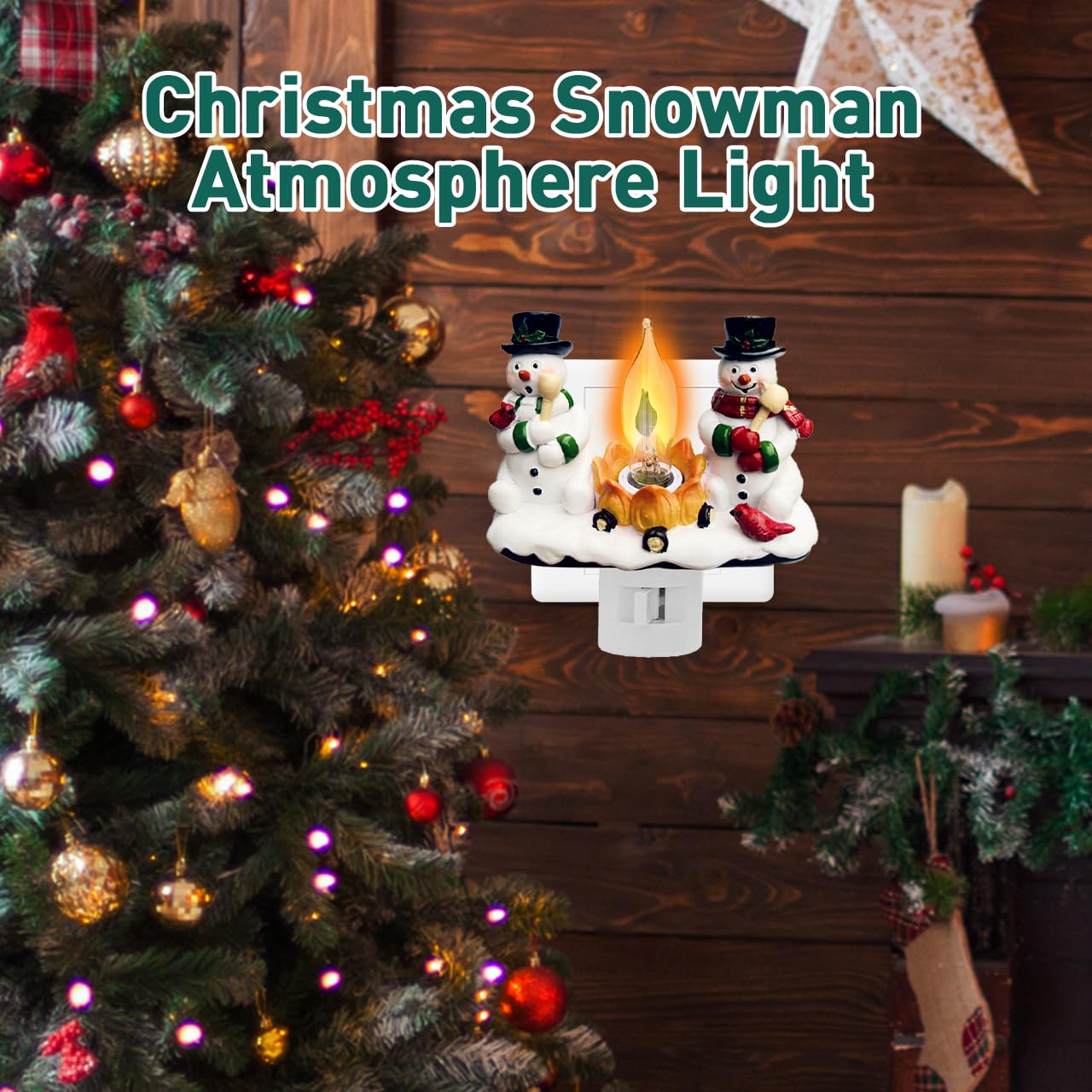 Christmas Decorations?Snowman Campfire Night Light?4 Inch Resin Rotating Plug Christmas Night Light with Flame Flicker Effect, Suitable for Children's