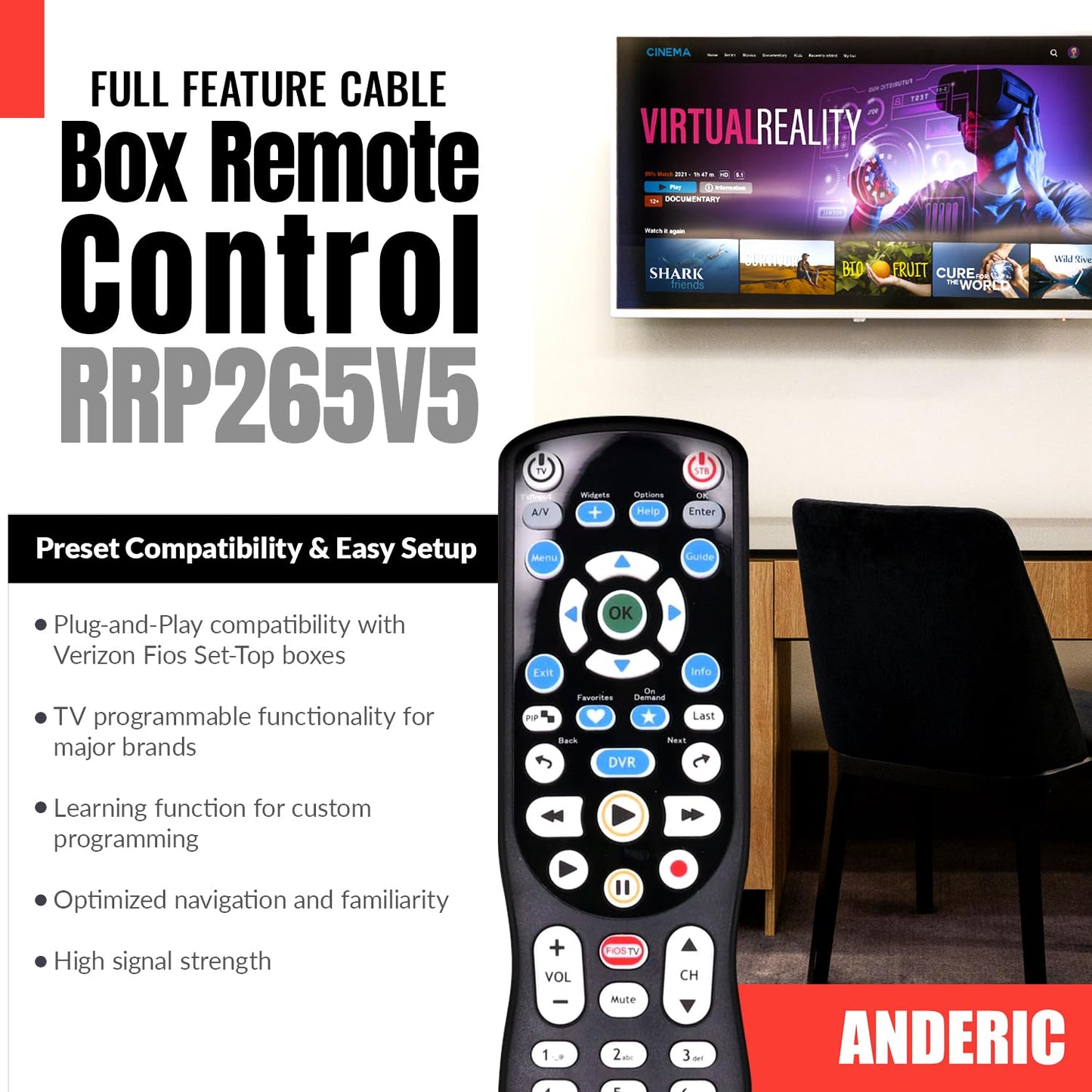 ANDERIC RRP265V5 Replacement Remote Control Compatible with Verizon FiOS 2-Device, Version 2/3/4/5 RC2655007/01, Work with All FiOS Systems and Set