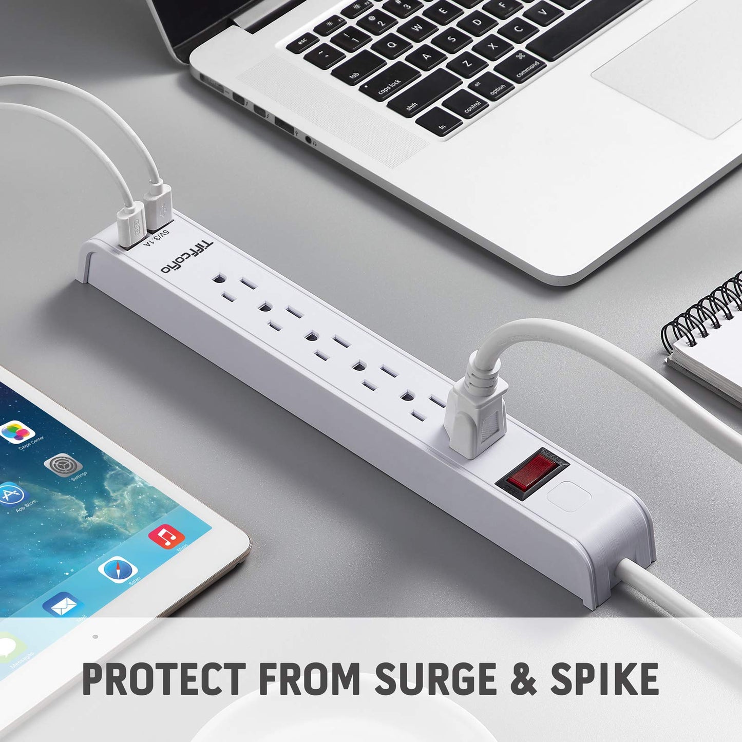 Power Strip Surge Protector with 6 Outlets & 2 USB Ports, 15 Feet Extension Cord, Flat Plug Outlet Strip, 1000 Joules Surge Protection, Wall Mount