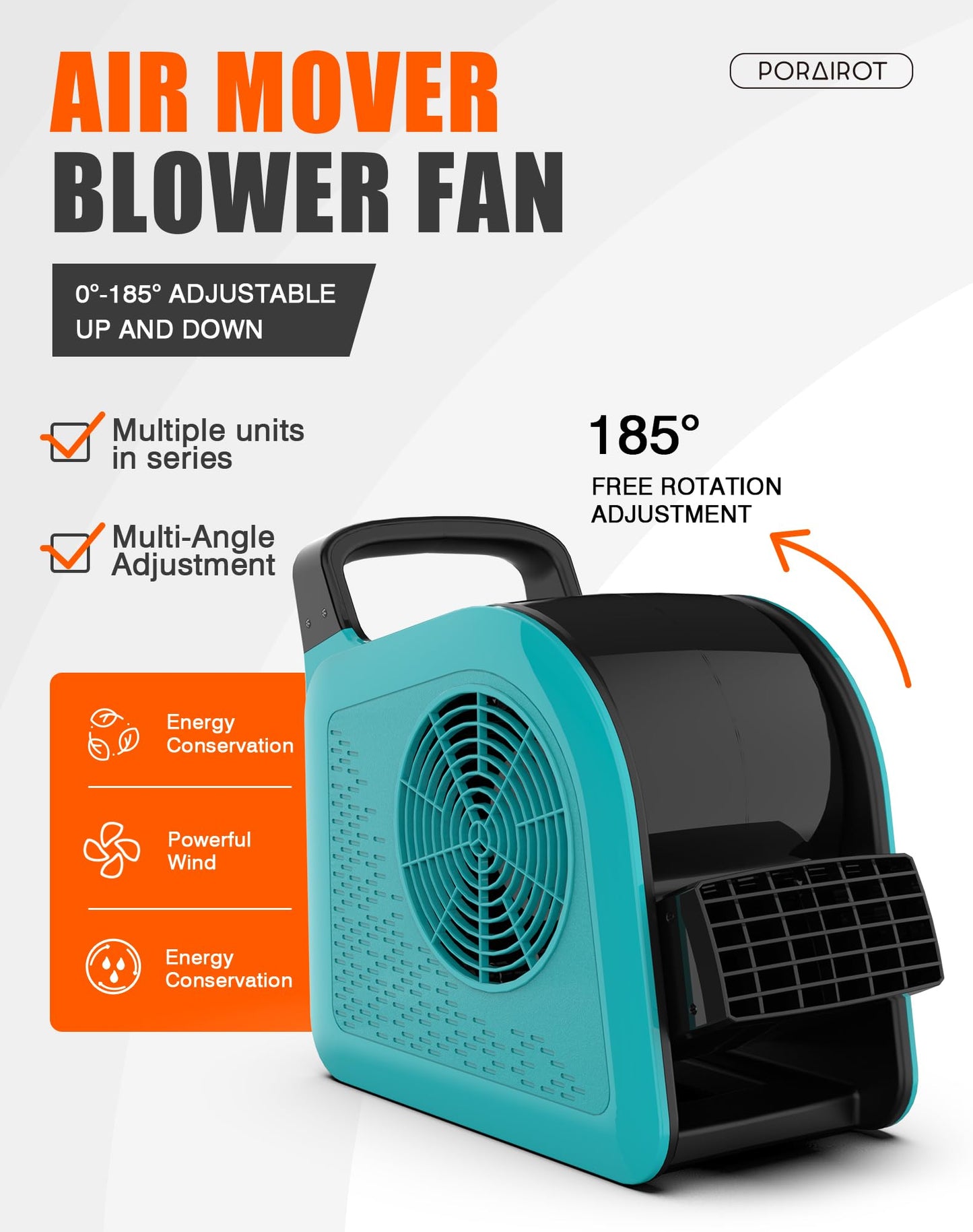 Porairot Blower Fan for Drying Cooling and Ventilating, Air Mover for Home Garage Workshop and Job Site Use, Air Mover Blower Fan with 185° Rotation