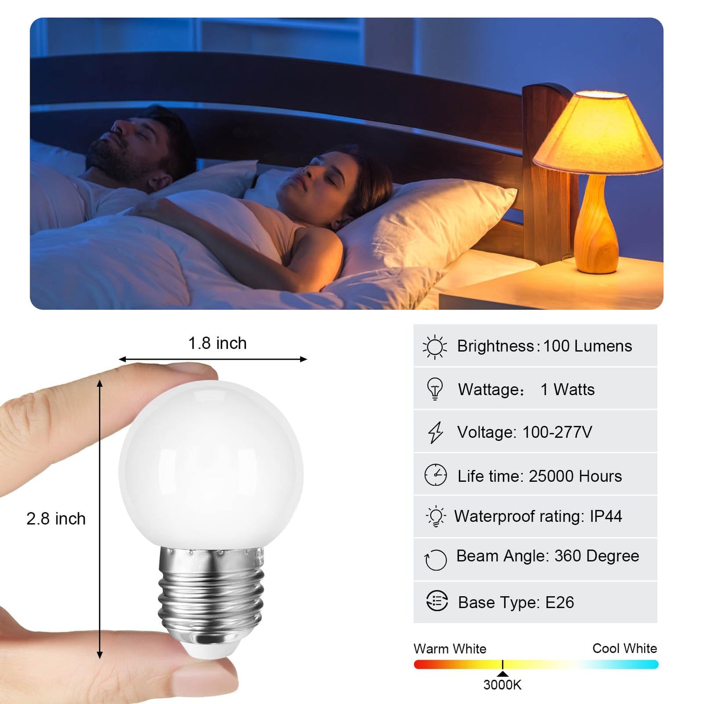 Taysing LED Night Light Bulb G14 Light Bulbs 1 Watt Low Wattage Globe Small Bulbs 10W Equivalent E26 Medium Screw Base Bathroom Vanity Porch Outdoor