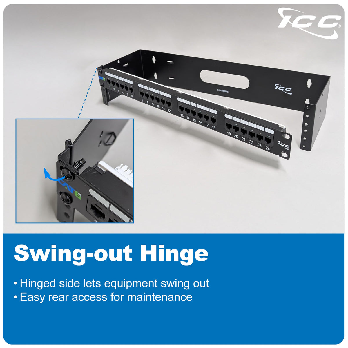 ICC 2U Hinged Wall Mount Rack Bracket, 6" Deep, 20 lb, Black, 1-Pack