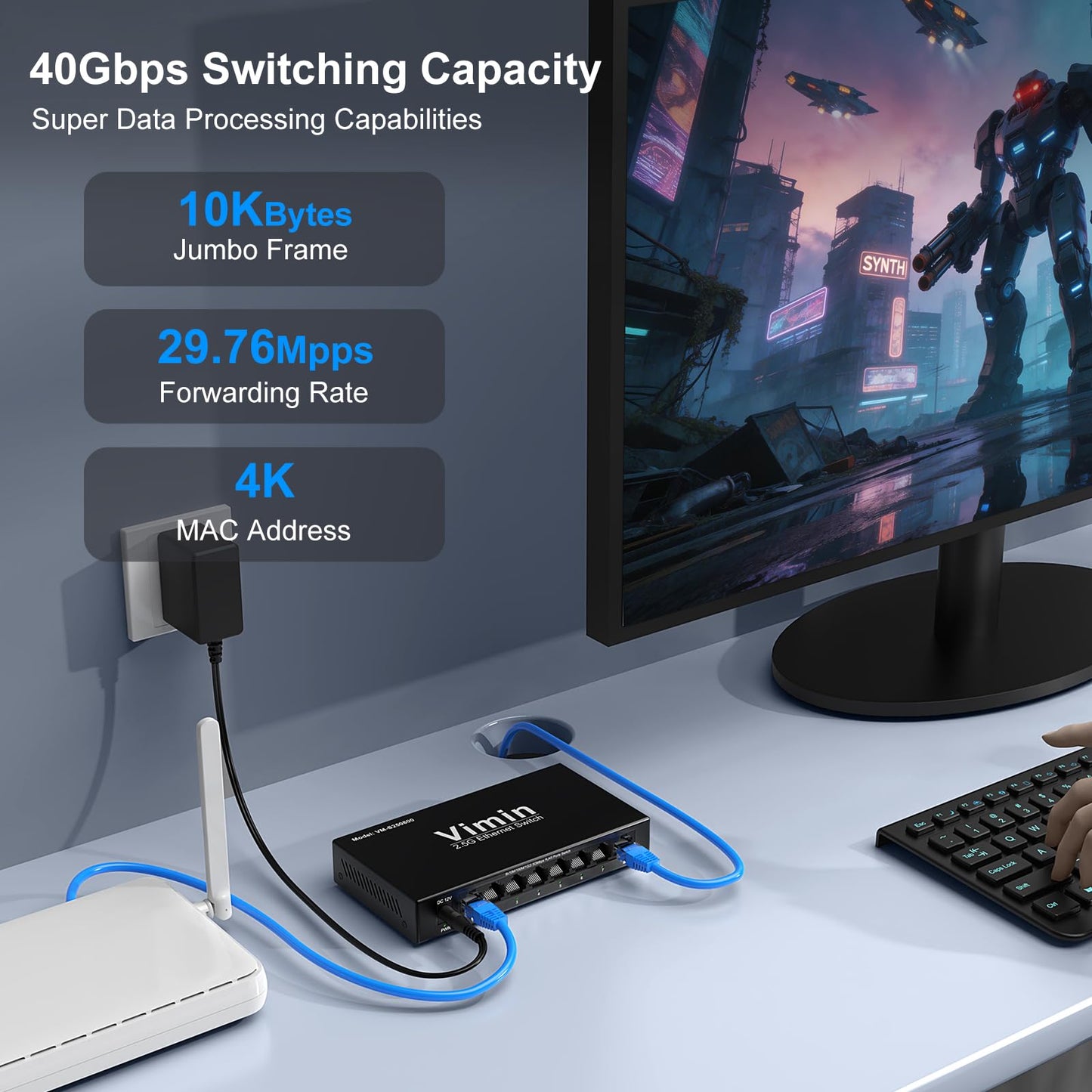 8-Port 2.5G Switch Unmanaged, 8 x 10/100/1000/2500Mbps RJ45 Ports, Plug & Play 2.5G Ethernet Switch, Metal Housing, Desktop/Wall-Mount, for Home