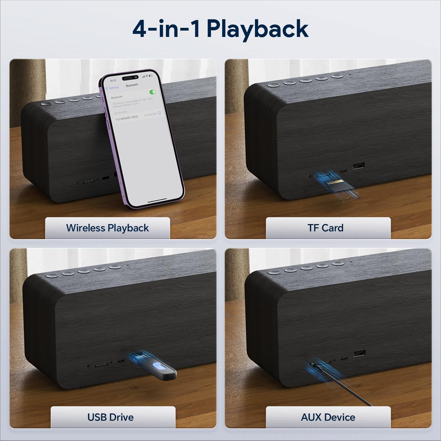FULMINARE 50W Powerful Sound Bluetooth Speaker, 24H Playtime Wooden Body Speaker with Bluetooth 5.3, 4-in-1 Playing Modes (AUX/TF Card/USB/FM Radio)
