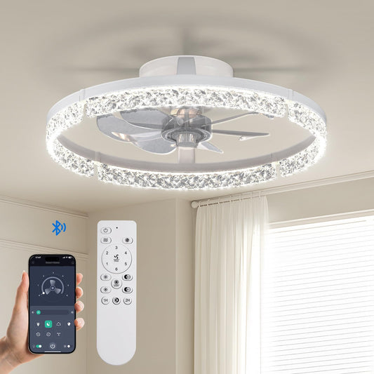 Passky 20” Low Profile Ceiling Fan with Lights and Remote, Dimmable LED Flush Mount Fandelier, 6 Speeds, 3000K-6000K, White Modern Ceiling Fan
