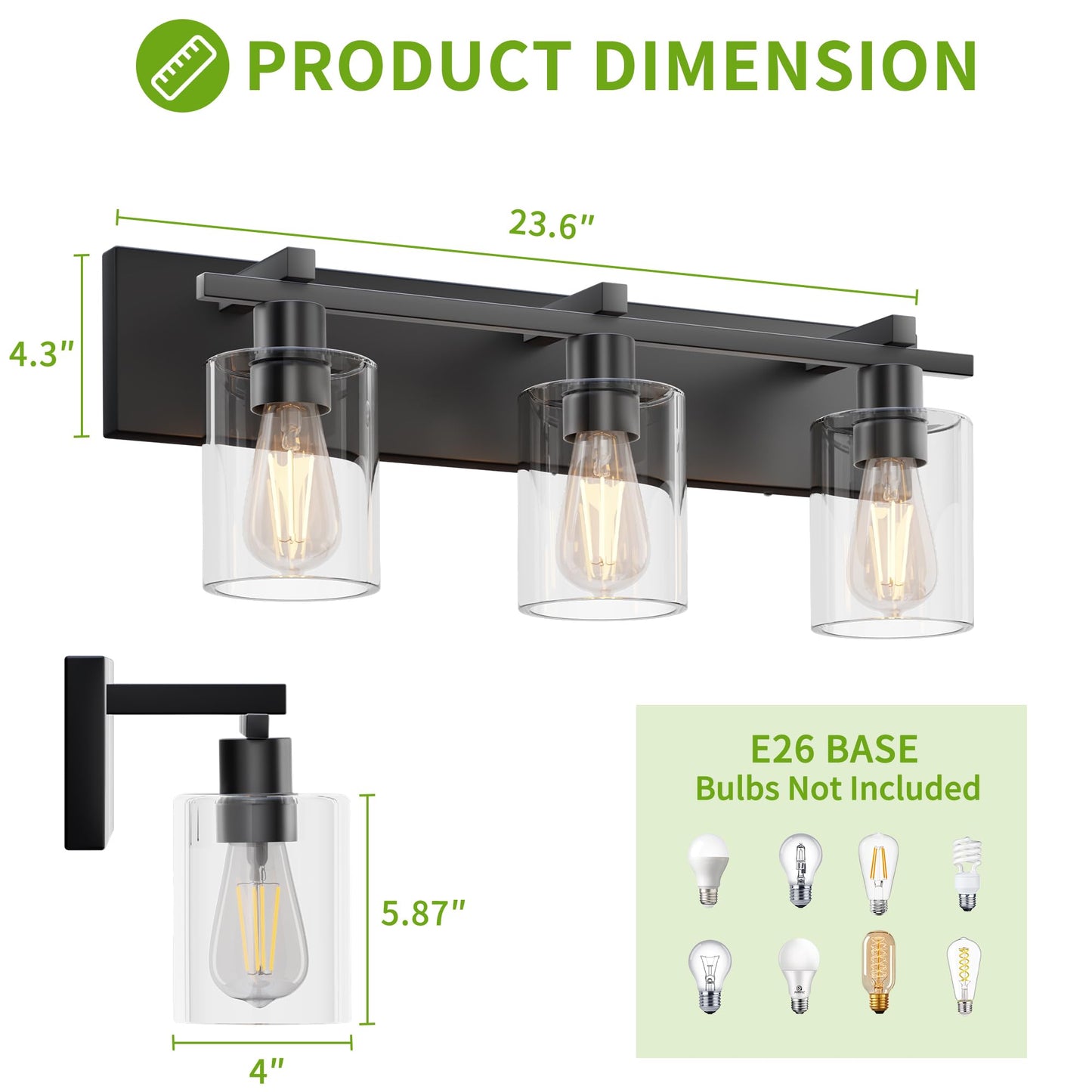 Espird Bathroom Vanity Light,3 Light Matte Black Light Fixture with Thickened Clear Glass Shade, 21 inch Dimmable Modern Wall Sconce, Bathrooms Vanity