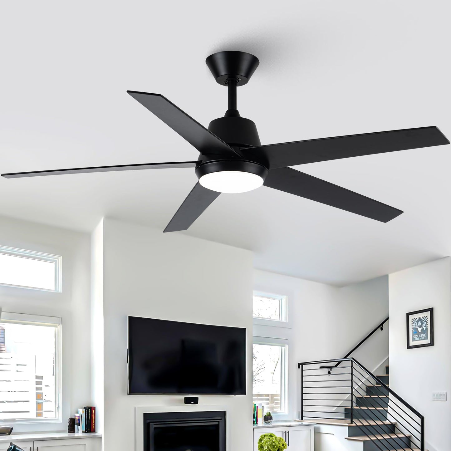 Vaczon 52" Black Ceiling Fan with Light, High Airflow DC Motor, Remote