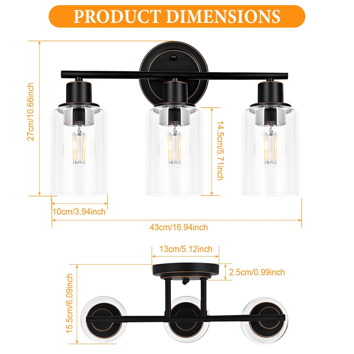 Faymart lighting Oil Rubbed Bronze 3-Light Bathroom Vanity Light Fixture Over Mirror, 3-Light Oil Rubbed Bronze Vanity Lights for Bathroom Three Bulb