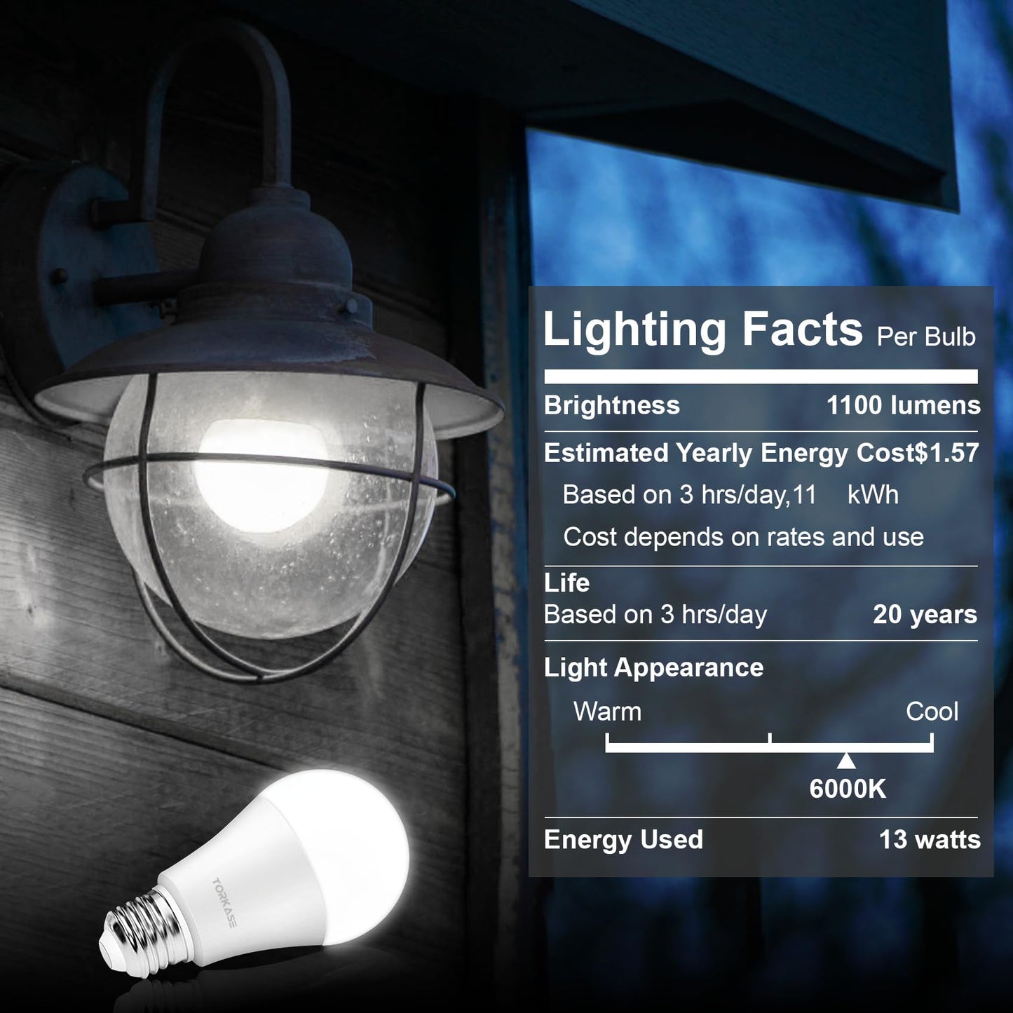 Torkase Outdoor Sensor Light Bulbs- No Timer Required, 13W(100W Equivalent), 6000K Cool White, E26 A19 Automatic Sensor LED Bulbs, Built-in Photocell