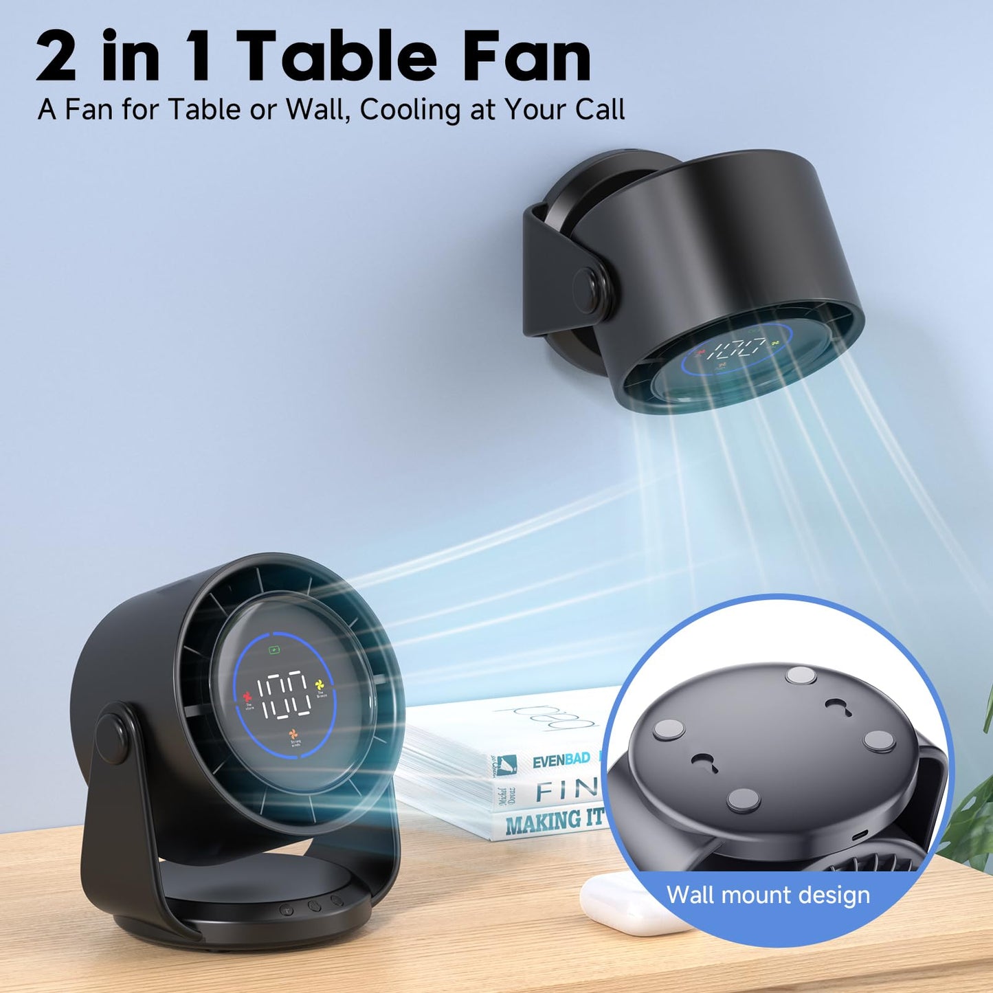 YOSHENMO Desk Fan, Turbo Table Fan for Bedroom, 100-Speed Digital Display, Low Noise, 105° Adjustable Tilt, 7.5-inch, Rechargeable Battery